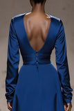 A-Line Velvet Royal Blue Long Military Ball Dresses with Sleeves