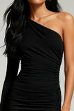 Black Tight One Shoulder Ruched Short Cocktail Dress with Sleeves