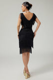 V-Neck Black Tiered Fringed Cut-Out 1920s Dress With Sequins