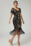 Black Golden V-Neck 1920s Dress With Sequins and Fringes