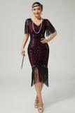 Black Golden V-Neck 1920s Dress With Sequins and Fringes
