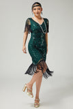 Dark Green Sequined Bodycon Fringed 1920s Dress With Short Sleeves