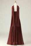 Brown A-Line Strapless Maxi Dress with Scarf