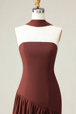 Brown A-Line Strapless Maxi Dress with Scarf