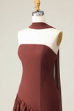 Brown A-Line Strapless Maxi Dress with Scarf