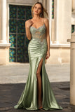 Green Mermaid Spaghetti Straps Corset Satin Ruched Long Prom Dress with Slit