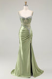 Green Mermaid Spaghetti Straps Corset Satin Ruched Long Prom Dress with Slit