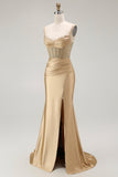 Golden Mermaid Spaghetti Straps Corset Pleated Ball Dress with Slit