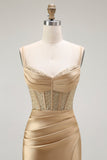 Golden Mermaid Spaghetti Straps Corset Pleated Ball Dress with Slit