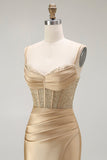 Red Mermaid Spaghetti Straps Corset Pleated Ball Dress with Slit