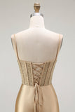 Golden Mermaid Spaghetti Straps Corset Pleated Ball Dress with Slit