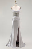 Golden Mermaid Spaghetti Straps Corset Pleated Ball Dress with Slit