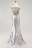 Red Mermaid Spaghetti Straps Corset Pleated Ball Dress with Slit