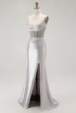 Red Mermaid Spaghetti Straps Corset Pleated Ball Dress with Slit