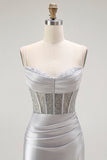 Red Mermaid Spaghetti Straps Corset Pleated Ball Dress with Slit
