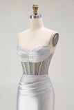 Red Mermaid Spaghetti Straps Corset Pleated Ball Dress with Slit