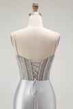 Golden Mermaid Spaghetti Straps Corset Pleated Ball Dress with Slit