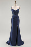 Red Mermaid Spaghetti Straps Corset Pleated Ball Dress with Slit