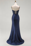 Red Mermaid Spaghetti Straps Corset Pleated Ball Dress with Slit