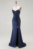 Red Mermaid Spaghetti Straps Corset Pleated Ball Dress with Slit