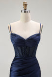 Red Mermaid Spaghetti Straps Corset Pleated Ball Dress with Slit