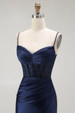 Red Mermaid Spaghetti Straps Corset Pleated Ball Dress with Slit