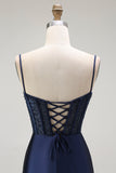 Golden Mermaid Spaghetti Straps Corset Pleated Ball Dress with Slit