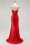 Red Mermaid Spaghetti Straps Corset Pleated Ball Dress with Slit