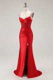 Red Mermaid Spaghetti Straps Corset Pleated Ball Dress with Slit