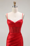 Red Mermaid Spaghetti Straps Corset Pleated Ball Dress with Slit