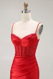 Red Mermaid Spaghetti Straps Corset Pleated Ball Dress with Slit