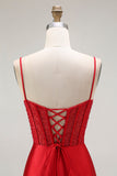 Red Mermaid Spaghetti Straps Corset Pleated Ball Dress with Slit