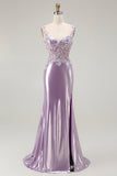 Lilac Mermaid Spaghetti Straps Appliqued Beaded Ball Dress with Slit
