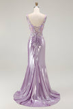 Lilac Mermaid Spaghetti Straps Appliqued Beaded Ball Dress with Slit