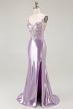 Lilac Mermaid Spaghetti Straps Appliqued Beaded Ball Dress with Slit