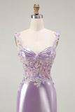 Lilac Mermaid Spaghetti Straps Appliqued Beaded Ball Dress with Slit