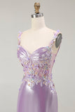 Lilac Mermaid Spaghetti Straps Appliqued Beaded Ball Dress with Slit