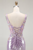 Lilac Mermaid Spaghetti Straps Appliqued Beaded Ball Dress with Slit