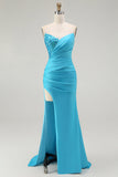 Sparkly Blue Strapless Mermaid Pleated Ball Dress with Slit