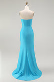 Sparkly Blue Strapless Mermaid Pleated Ball Dress with Slit