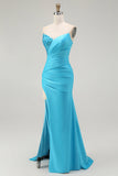Sparkly Blue Strapless Mermaid Pleated Ball Dress with Slit