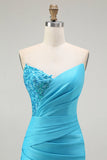 Sparkly Blue Strapless Mermaid Pleated Ball Dress with Slit