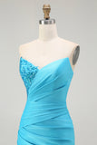 Sparkly Blue Strapless Mermaid Pleated Ball Dress with Slit