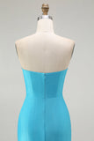 Sparkly Blue Strapless Mermaid Pleated Ball Dress with Slit