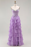 Purple A-Line Beaded Corset Tiered Ruffled Ball Dress