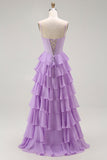 Purple A-Line Beaded Corset Tiered Ruffled Ball Dress