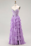 Purple A-Line Beaded Corset Tiered Ruffled Ball Dress