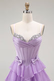 Purple A-Line Beaded Corset Tiered Ruffled Ball Dress