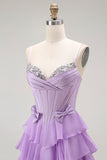 Purple A-Line Beaded Corset Tiered Ruffled Ball Dress