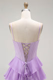 Purple A-Line Beaded Corset Tiered Ruffled Ball Dress